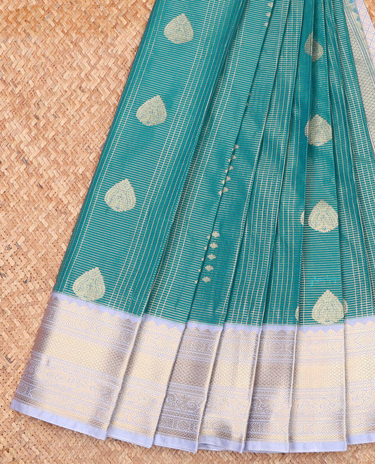 Blue Budget Silk Saree, Decorated with Zari Buttas and Zari Checks on Its Body, Complemented by a Contrast Traditional Zari Design Border, Grand Jaal Pallu, and Paired with a Contrast Blouse