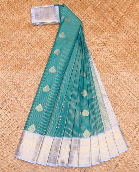 Blue Budget Silk Saree, Decorated with Zari Buttas and Zari Checks on Its Body, Complemented by a Contrast Traditional Zari Design Border, Grand Jaal Pallu, and Paired with a Contrast Blouse