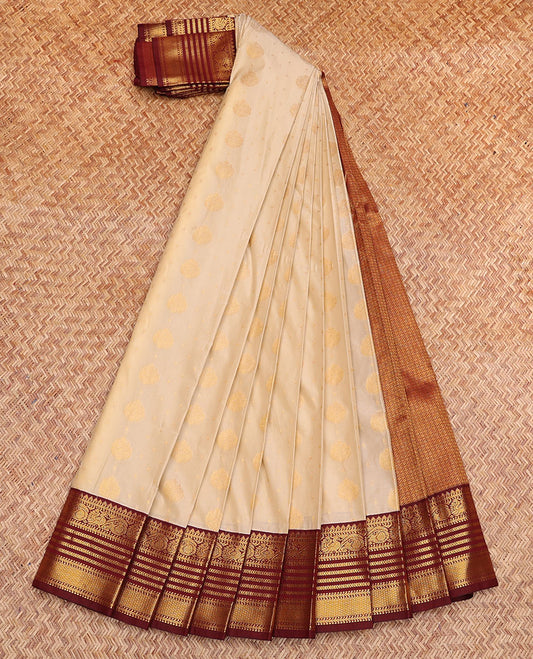 Beige Budget Silk Saree, Sparsely Threaded with Zari Buttas, Contrast Traditional Zari Border, Grand Jaal Pallu, and a Contrast Blouse