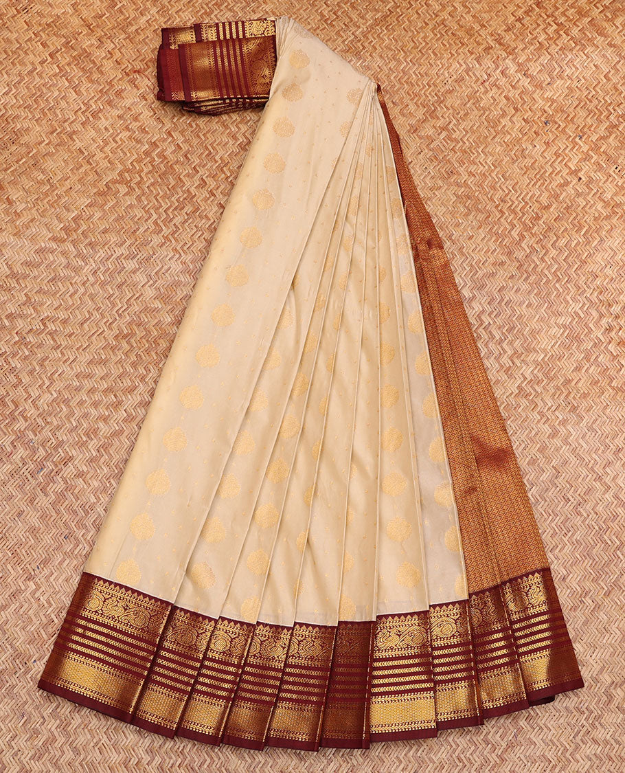 Beige Budget Silk Saree, Sparsely Threaded with Zari Buttas, Contrast Traditional Zari Border, Grand Jaal Pallu, and a Contrast Blouse