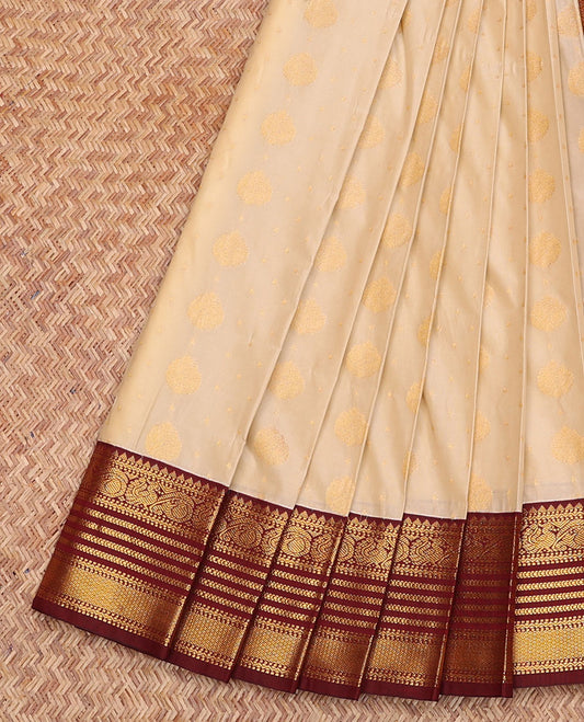 Beige Budget Silk Saree, Sparsely Threaded with Zari Buttas, Contrast Traditional Zari Border, Grand Jaal Pallu, and a Contrast Blouse