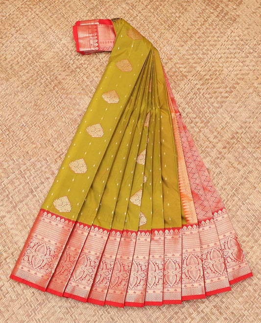 Green Budget Silk Saree, Styled with Zari Buttas, Complemented by Contrast Traditional  Zari Border, a Grand Jaal Pallu and a Contrast Blouse