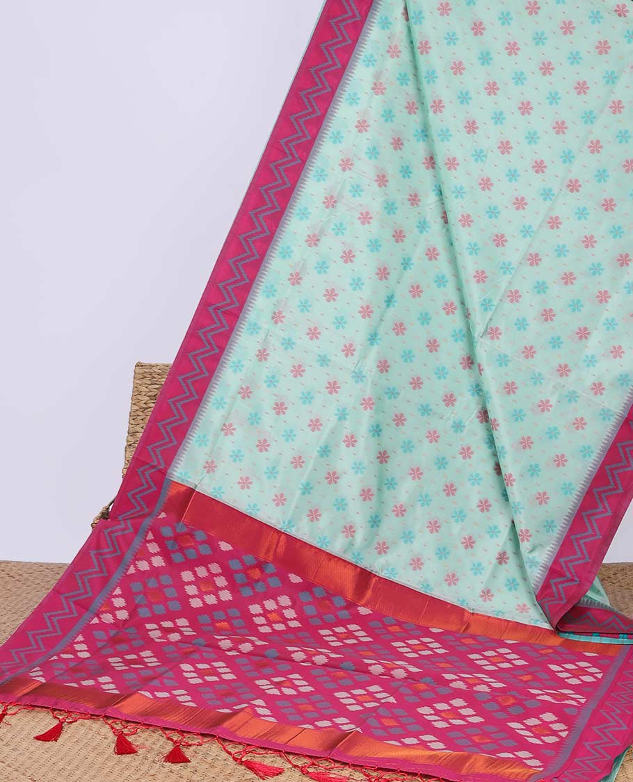 Blue floral motifs butter silk saree with contrast zig zag striped border & geometric motifs pallu