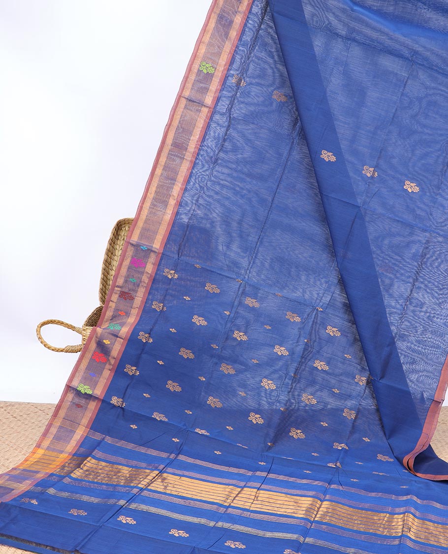 Blue Vengatagiri cotton saree with buttas , contrast unique border & striped pallu