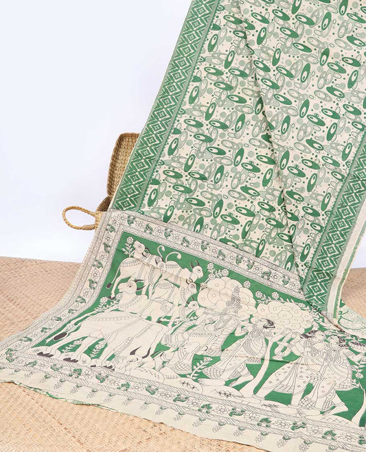 Green geometric machine-printed kalamkari cotton saree, diamond border & God Krishna Radha motifs pallu
