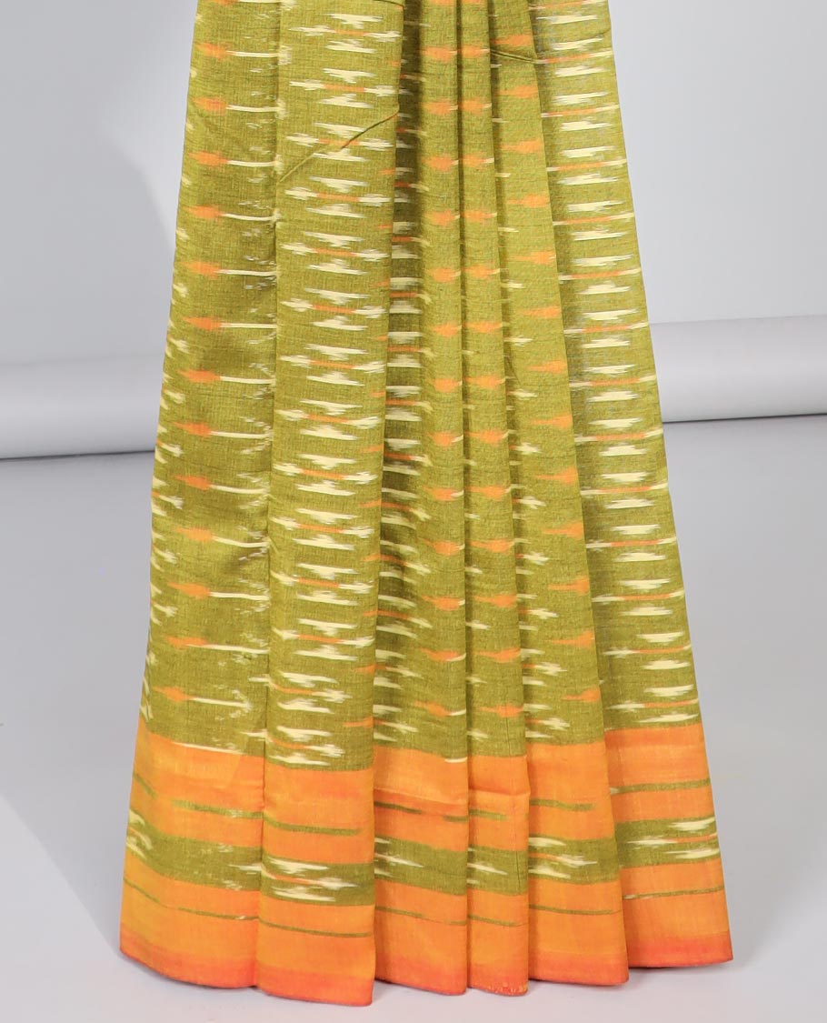 Green floral design ikkat cotton saree with contrast floral border & intricate design pallu