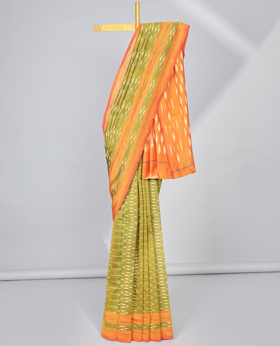 Green floral design ikkat cotton saree with contrast floral border & intricate design pallu