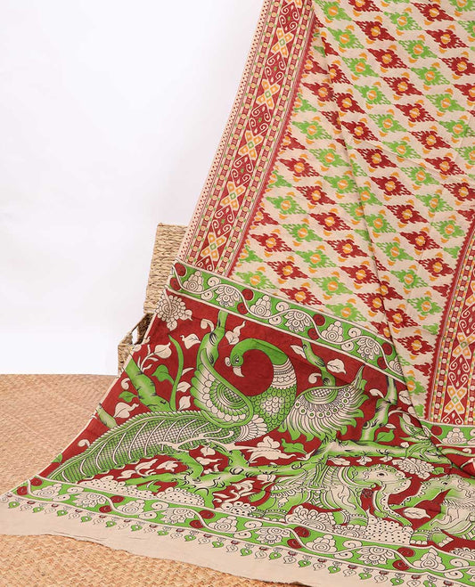 Cream geometric design machine-printed kalamkari cotton saree with contrast floral border & floral, peacock pallu