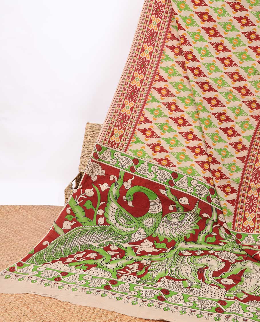 Cream geometric design machine-printed kalamkari cotton saree with contrast floral border & floral, peacock pallu