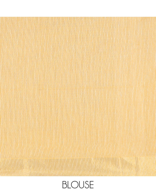 Yellow sparsely striped jute cotton saree, zari border, and striped pallu