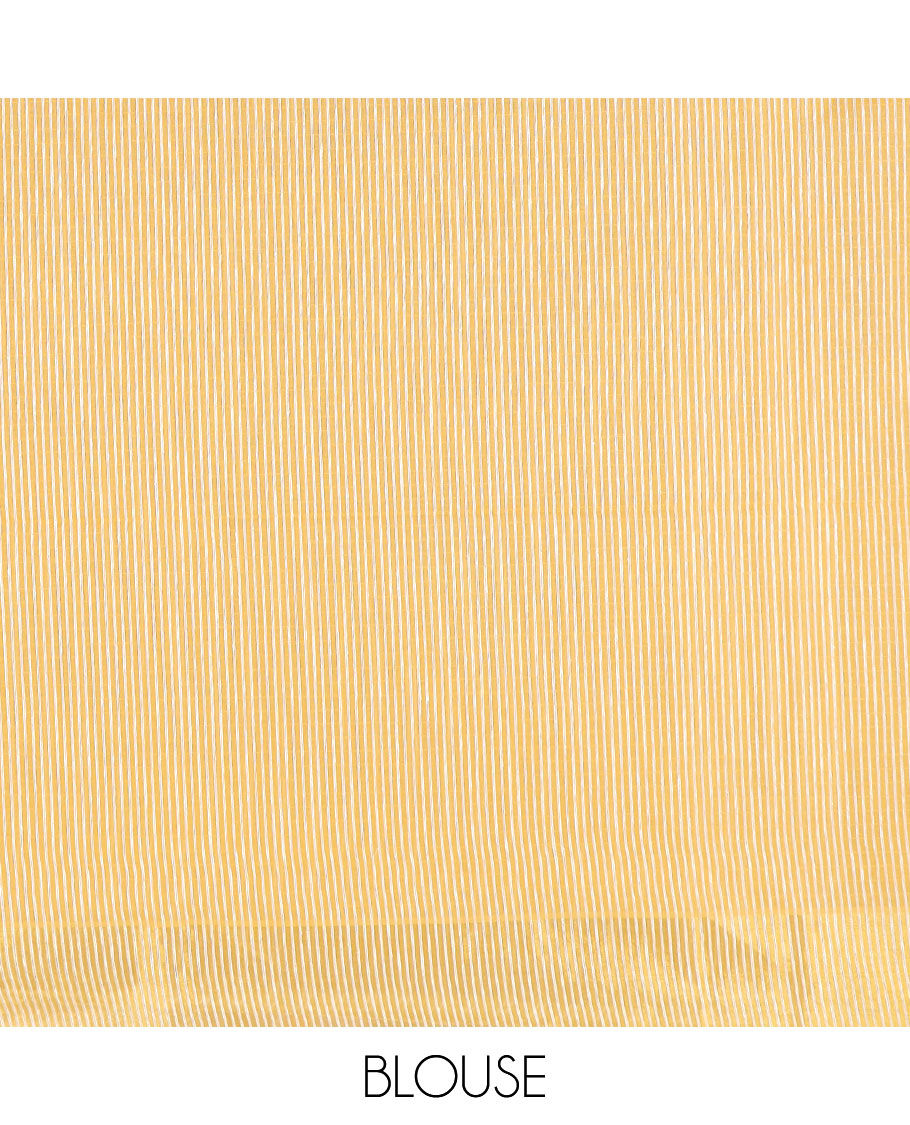 Yellow sparsely striped jute cotton saree, zari border, and striped pallu