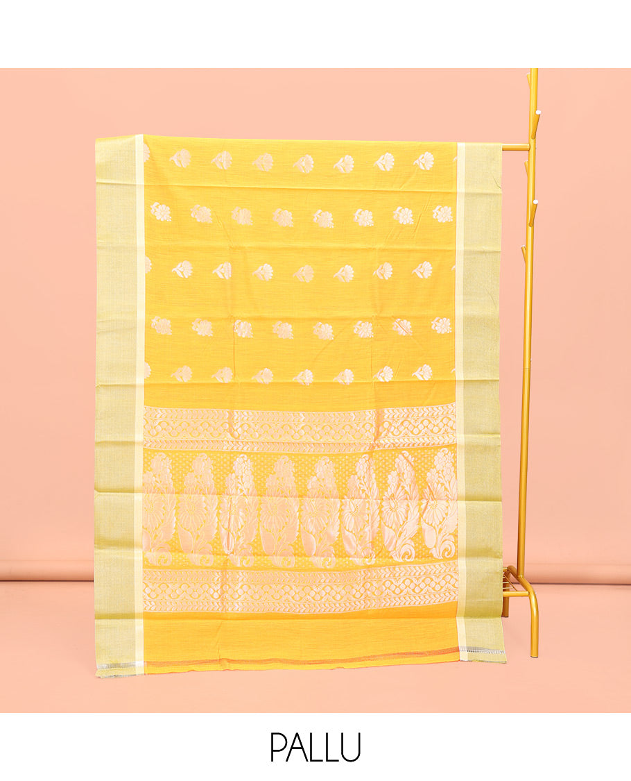 Yellow Semi-Silk Cotton Saree, Subtly Decked up with Floral Zari Buttas All Over Its Body, Complemented by Contrast Border, Pallu of Floral Designs, and Paired with a Matching Blouse