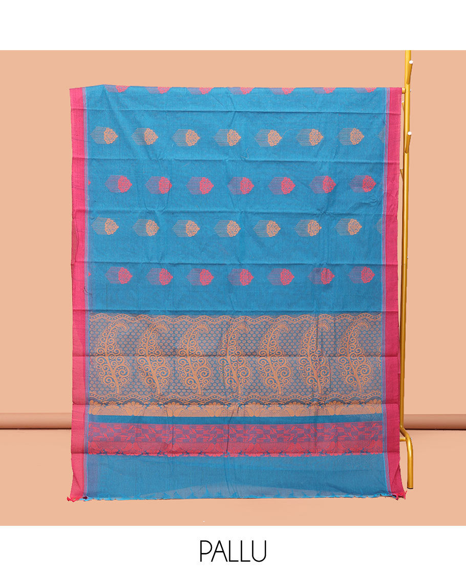 Blue Kanchi Cotton Saree, Decorated with Buttas, Complemented by a Contrast Border, Intricate Pallu, and a Matching Blouse