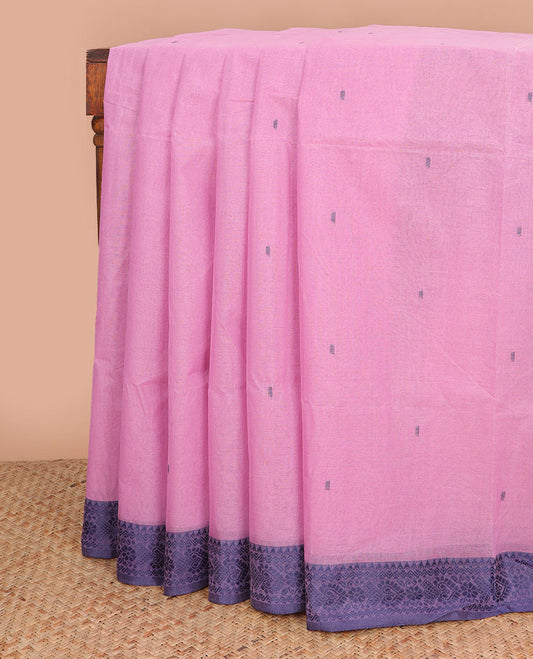 Pink motifs bengal cotton saree with contrast floral design border & striped, motifs pallu