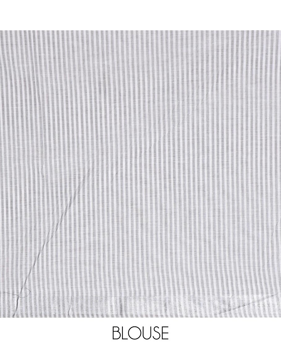 Grey & white vertical striped jute cotton saree, zari border & striped pallu