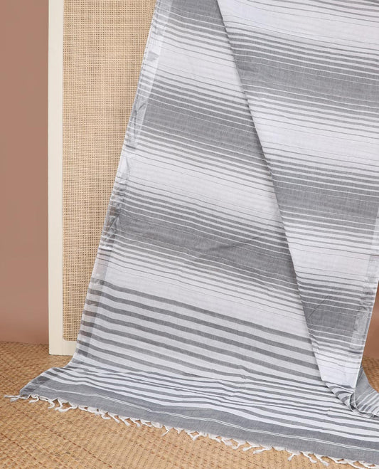 Grey & white vertical striped jute cotton saree, zari border & striped pallu