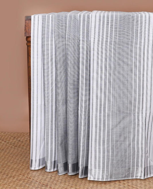 Grey & white vertical striped jute cotton saree, zari border & striped pallu