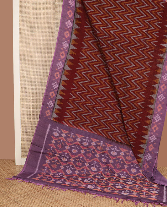 Maroon chevron design pochampally cotton saree, contrast ikkat border & pallu of ikkat jaal design