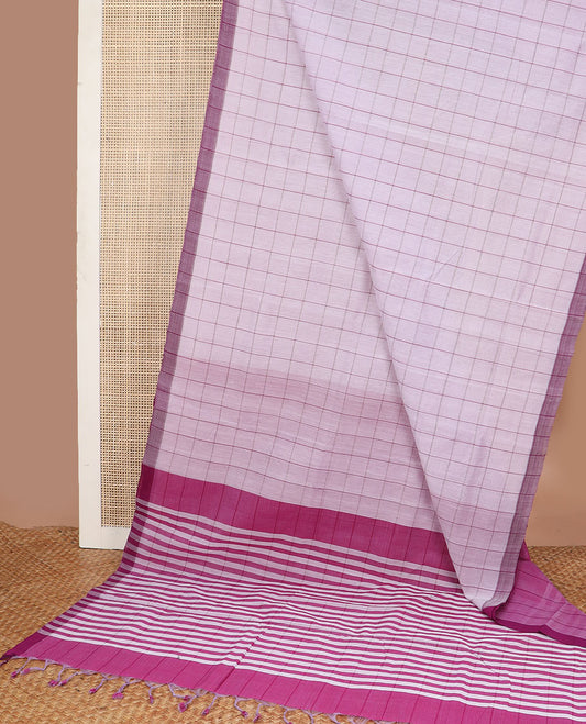 White checked venkatagiri cotton saree with contrast striped border & checked pallu