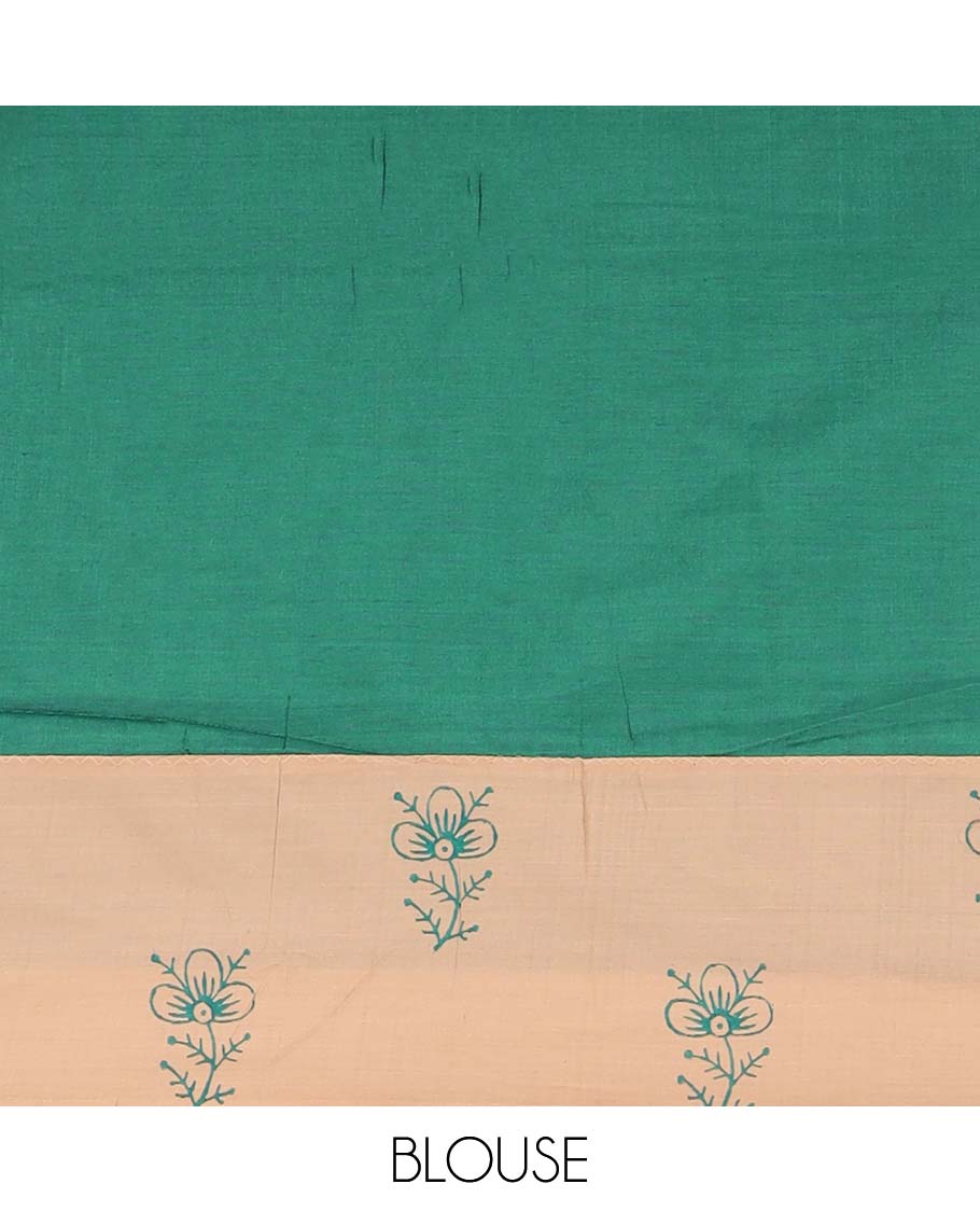 Sandal floral motifs printed poly cotton saree, contrast floral printed border, and pallu of wedding palanquin design