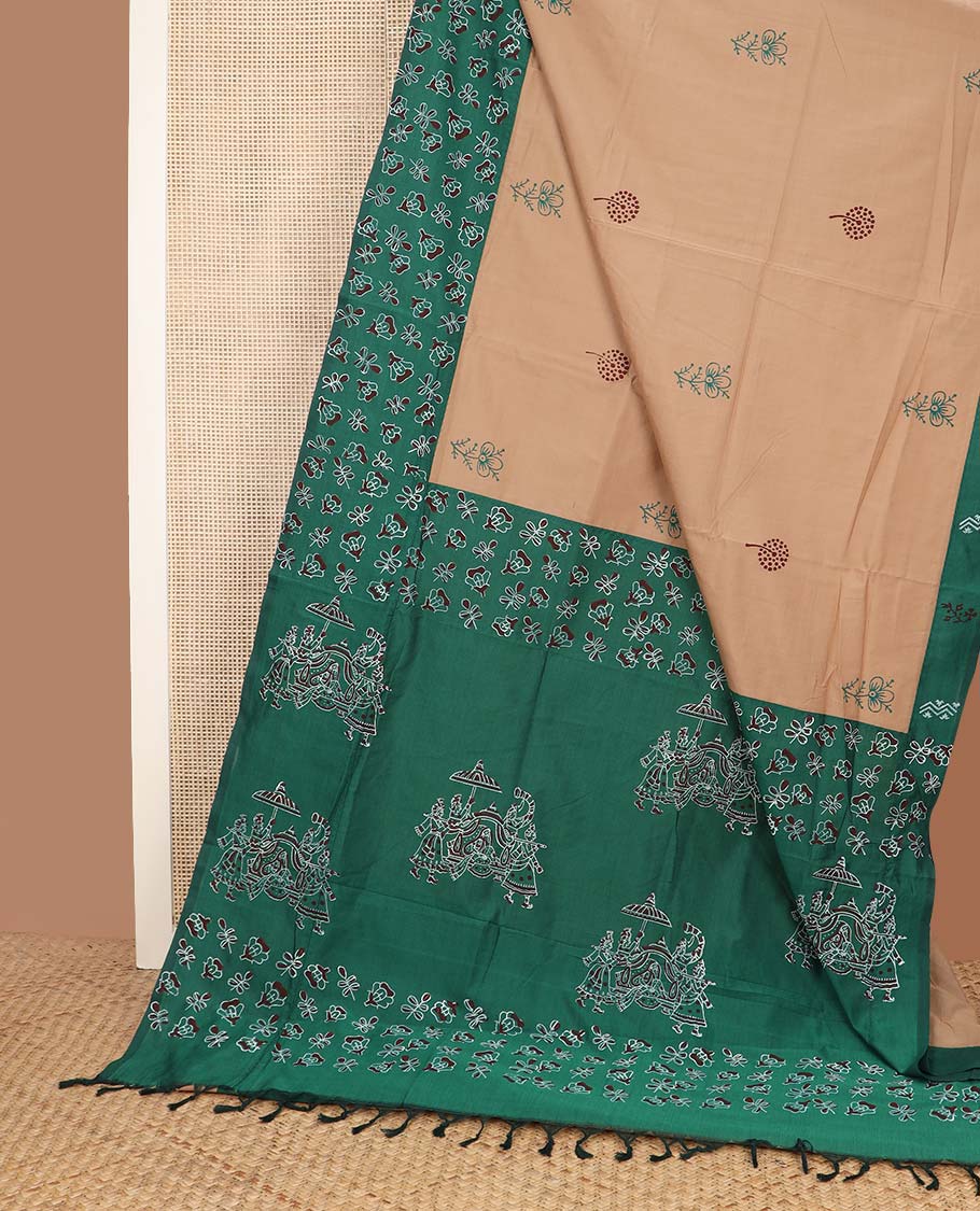 Sandal floral motifs printed poly cotton saree, contrast floral printed border, and pallu of wedding palanquin design