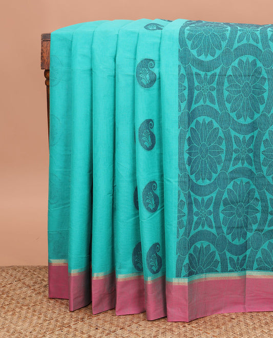 Blue buttas kanchi cotton saree, contrast border and circle motif pallu