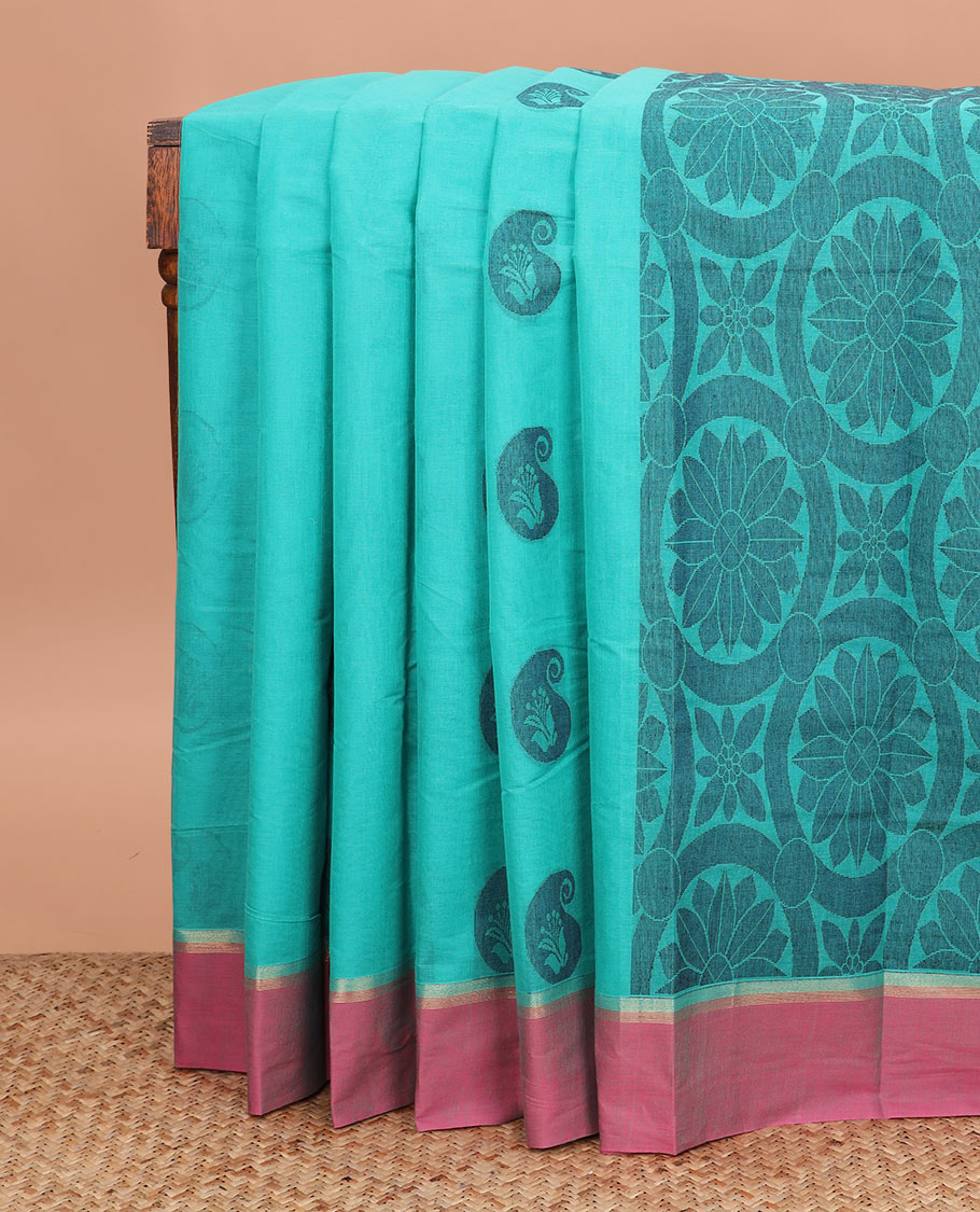 Blue buttas kanchi cotton saree, contrast border and circle motif pallu