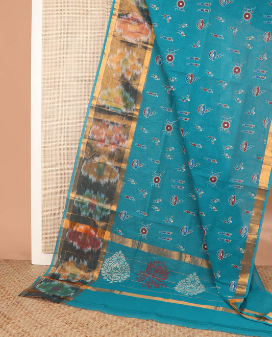 Blue warli motifs printed Andhra cotton saree, ikkat border, and unique design pallu