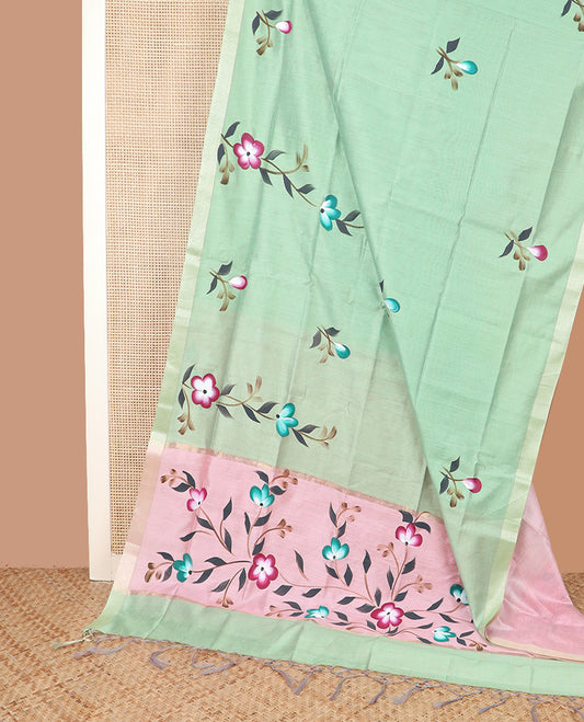Green hand-brush painting style floral printed Chirala cotton saree, bavanji border, and hand-brush painting style floral printed pallu