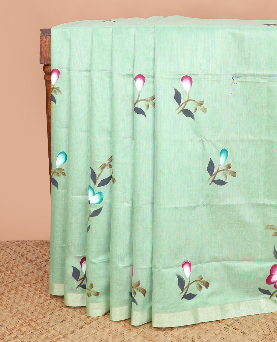 Green hand-brush painting style floral printed Chirala cotton saree, bavanji border, and hand-brush painting style floral printed pallu
