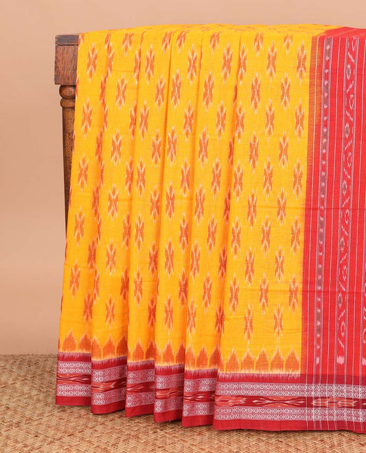 Yellow buttas ikkat cotton saree, contrast floral and ikkat design border, and ikkat woven pallu