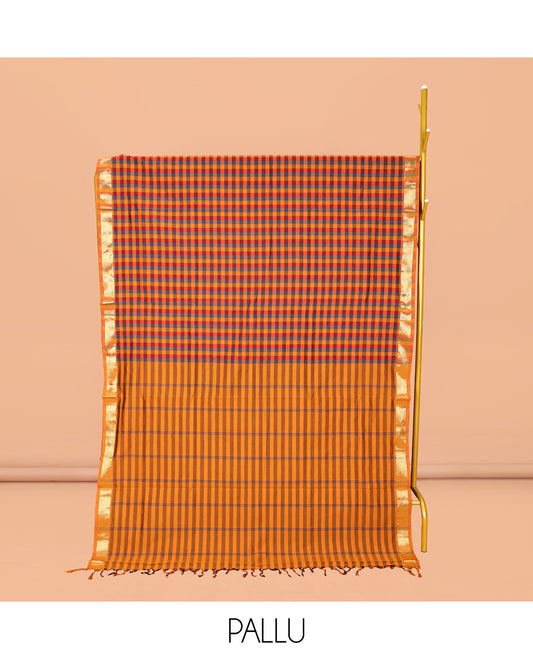 Multi-Color Medium-Checked Poly Cotton Saree, Highlighted by Zari Border, Pallu of Stripes, and Paired with a Contrast Blouse