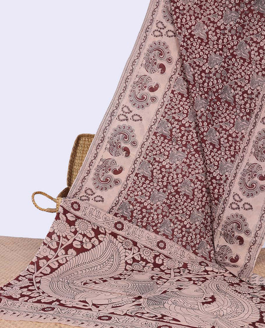 Red Cream floral vine design machine-printed kalamkari cotton saree with contrast animal motifs border & floral, animal design pallu