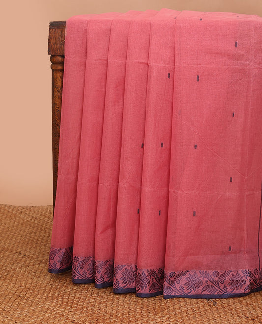 Pink buttas Bengal cotton saree, contrast floral creeper thread border & pallu of buttas & stripes
