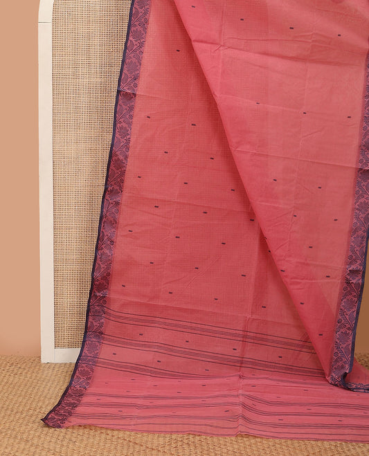 Pink buttas Bengal cotton saree, contrast floral creeper thread border & pallu of buttas & stripes