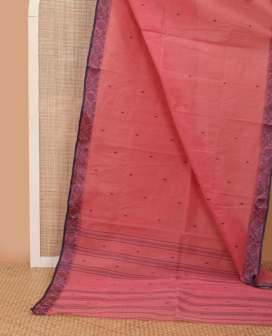 Pink buttas Bengal cotton saree, contrast floral creeper thread border & pallu of buttas & stripes