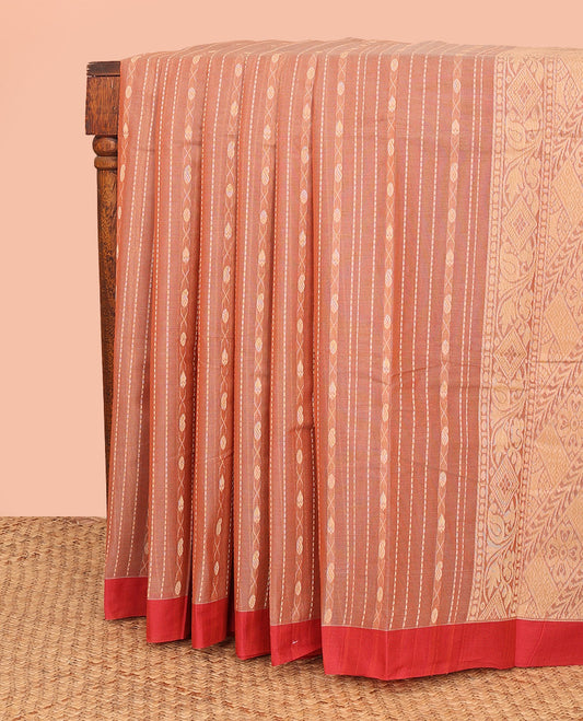 Peach Kanchi Cotton Saree, Detailed with Thread Stripes All Over Its Body, Complemented by Contrast Border, Pallu Featuring Geometric Designs, and Paired with a Matching Blouse