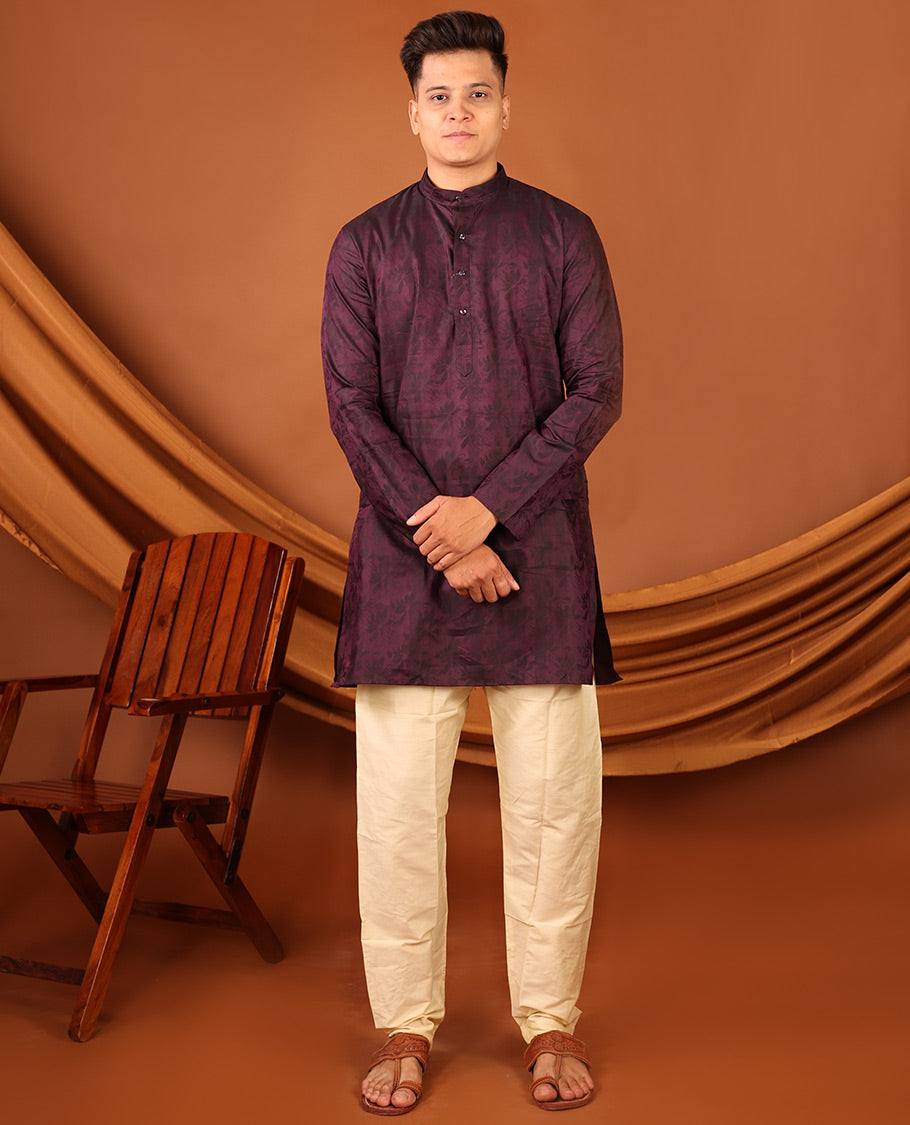Purple Silhouette-Style Floral Design Print Full-Sleeved Men's Kurta