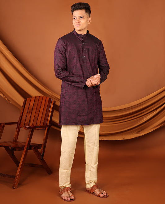 Purple Silhouette-Style Floral Design Print Full-Sleeved Men's Kurta