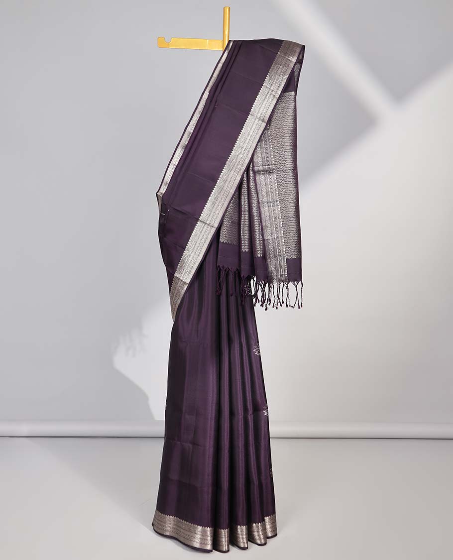 Violet floral buttas soft silk saree with self zari design border & jaal design pallu