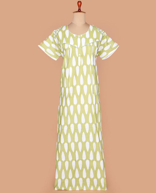 Green pine tree printed with embroidered half-sleeve round neck cotton nighty