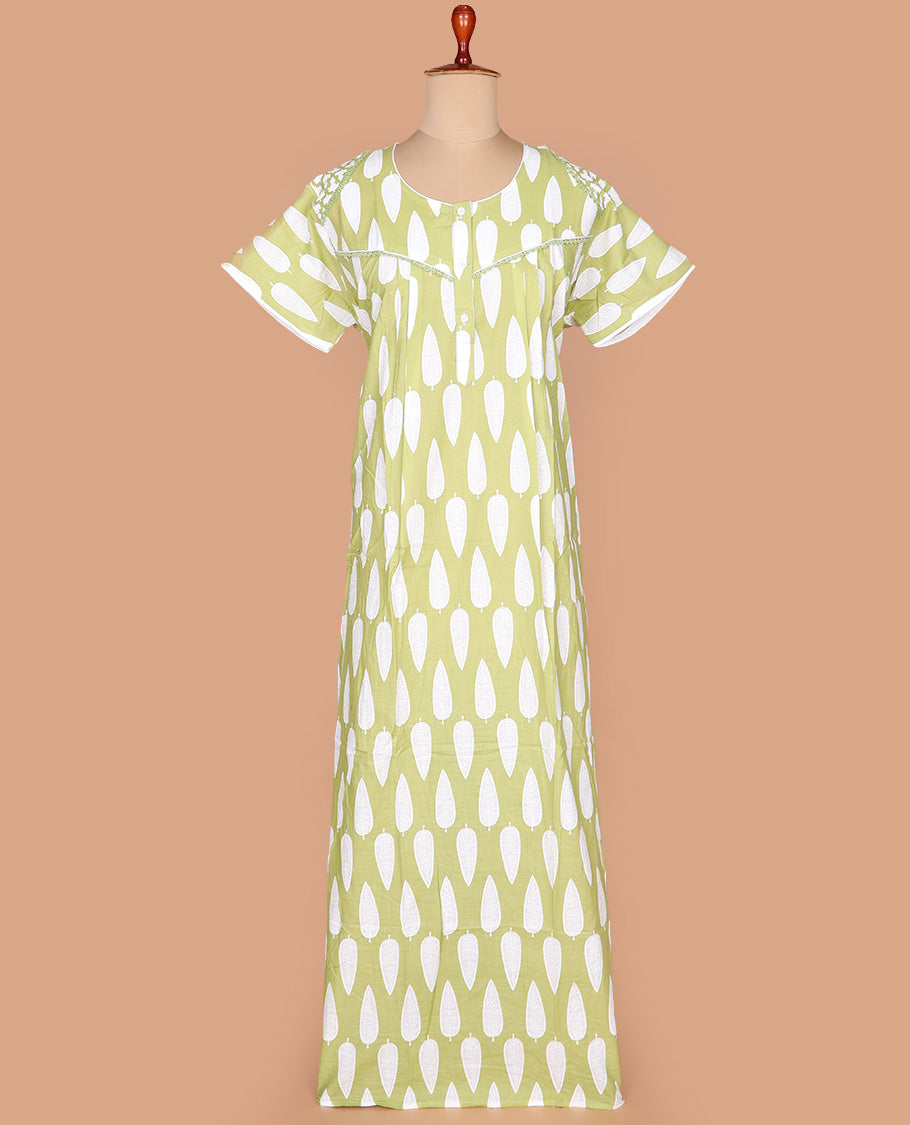 Green pine tree printed with embroidered half-sleeve round neck cotton nighty