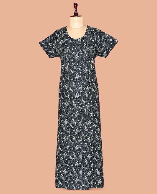 Green Floral Print Cotton-Blended Nighty