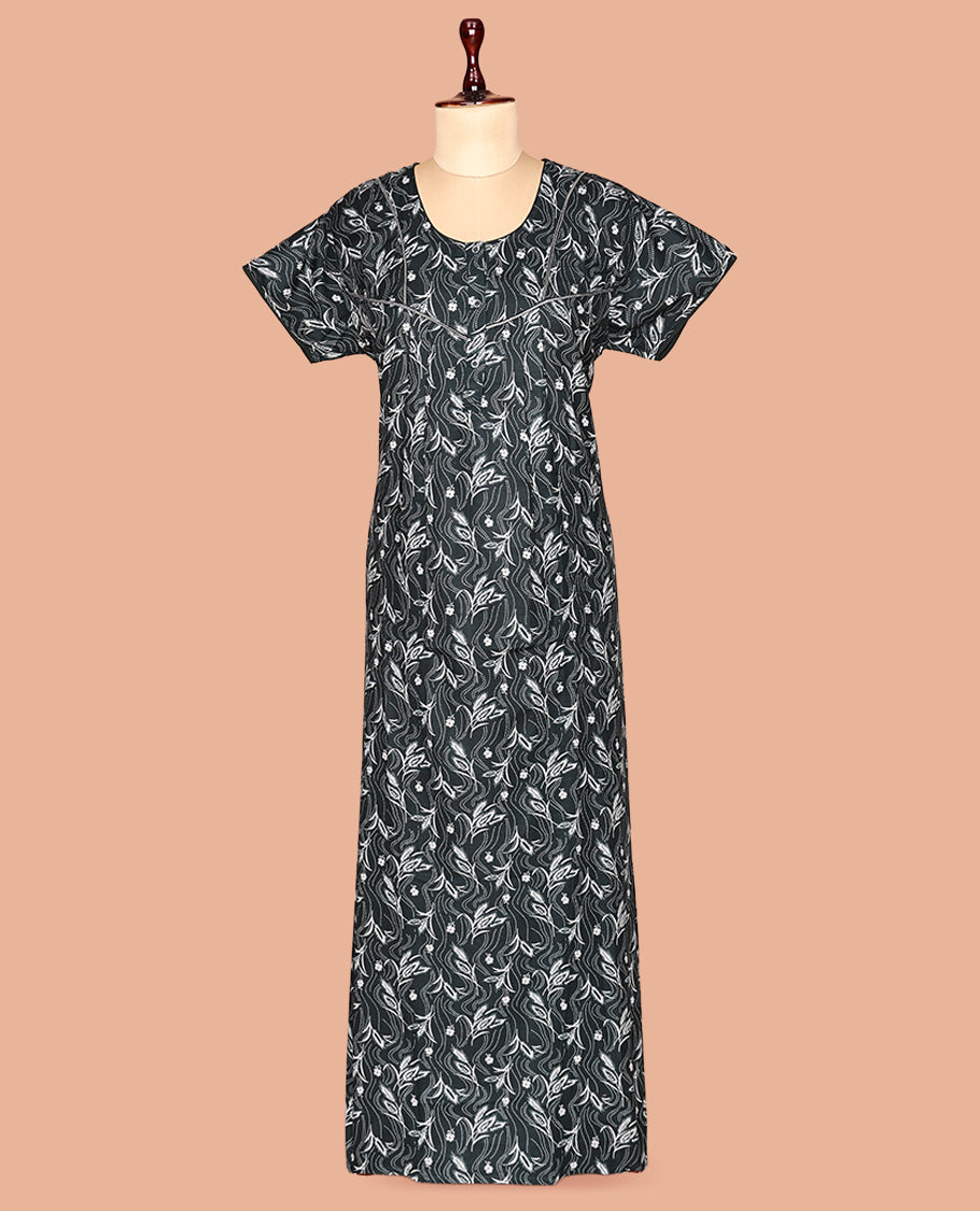 Green Floral Print Cotton-Blended Nighty