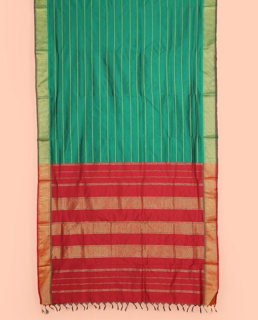 Green Ten-Yard Art Silk Saree Elevated with Neli Stripes on Its Body, Complemented by a Zari  Traditional Ara Maadam Border, and Pallu Featuring Traditional Ara Maadam Designs