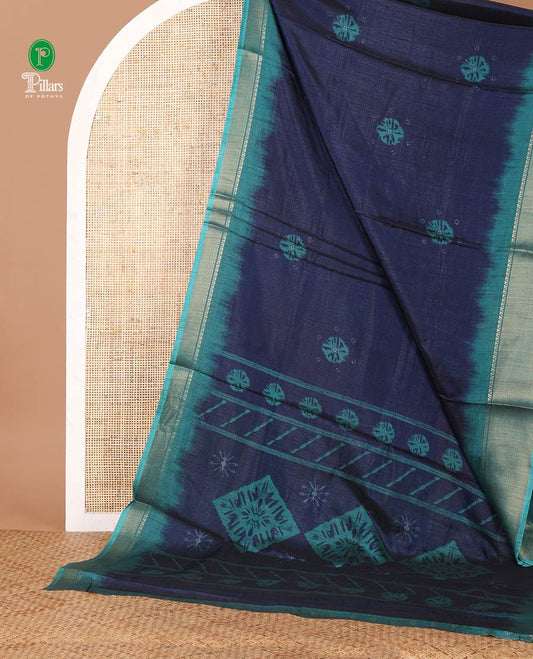 Blue bandhani butta printed dola silksaree,contrast traditional zari border,bandhani printed pallu & butta printed blouse