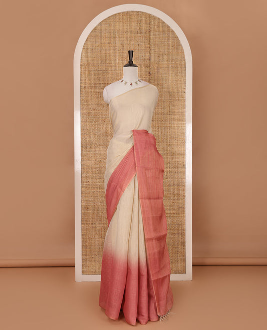 Borderless sandal-pink plain ombre-colored tissue saree, plain pallu & circle motifs printed blouse