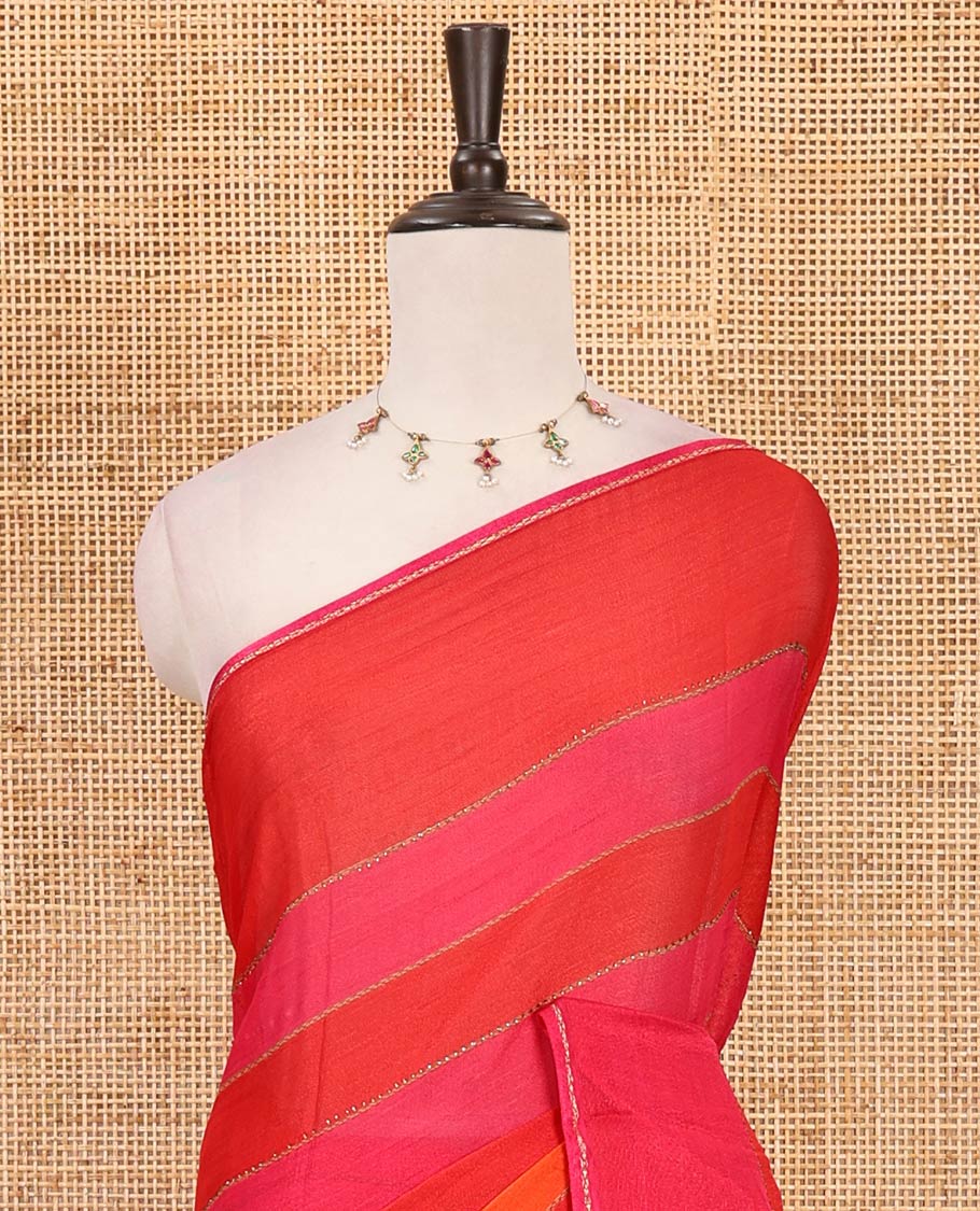 Pink horizontal stripes printed lassi cotton saree, lace border & contrast buttas woven blouse
