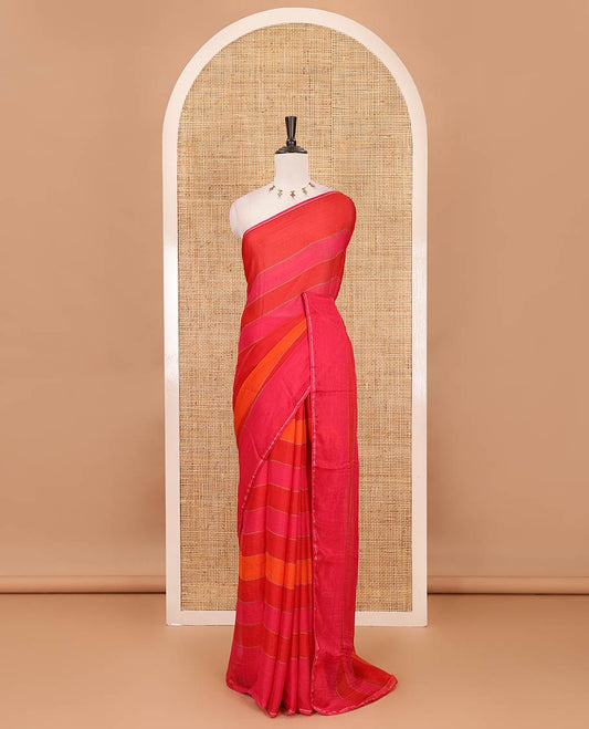Pink horizontal stripes printed lassi cotton saree, lace border & contrast buttas woven blouse