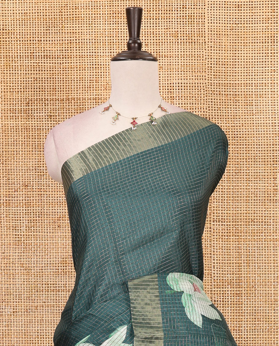 Green zari checked & Pichwai Lotus digital printed semi-tussar saree, gold zari bavanji border & matching zari checked blouse